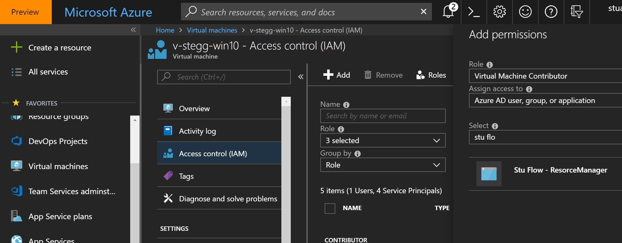 Screen grab: add IAM roles for service principal to VM
