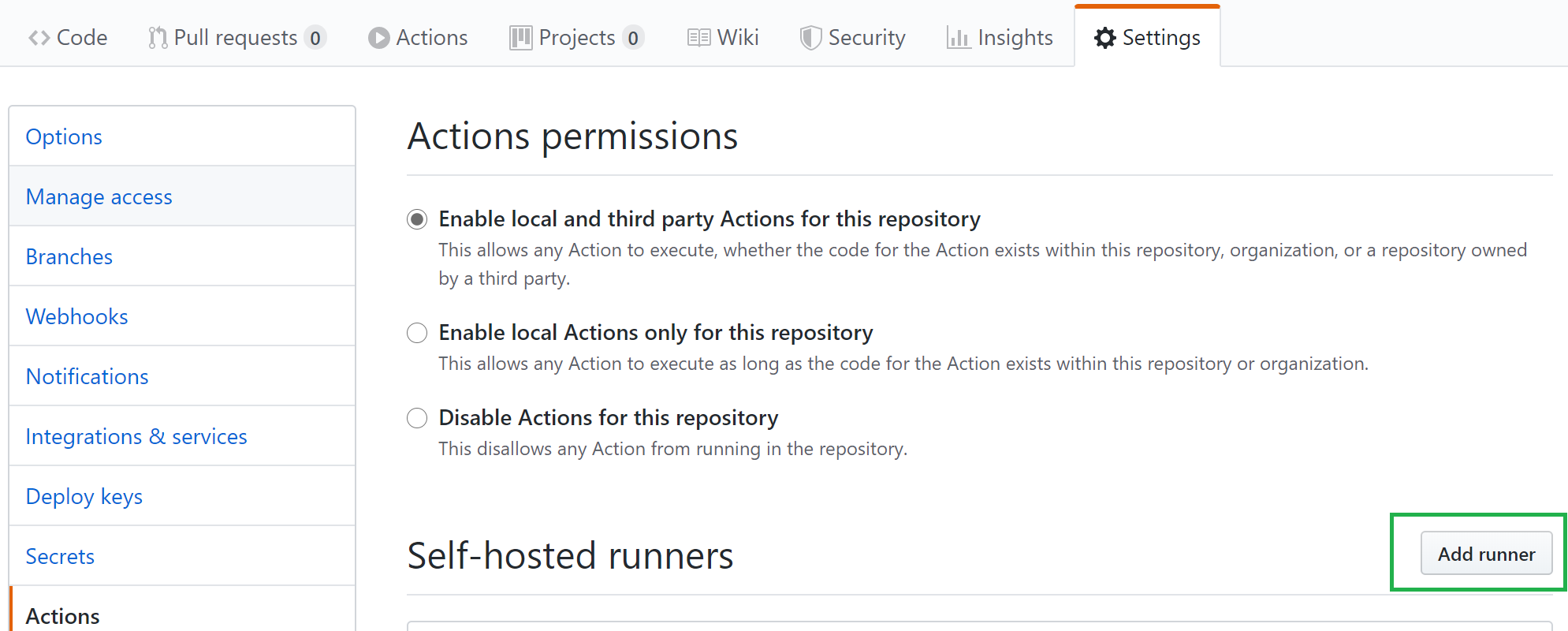 Image of GitHub Settings page with Actions menu selected