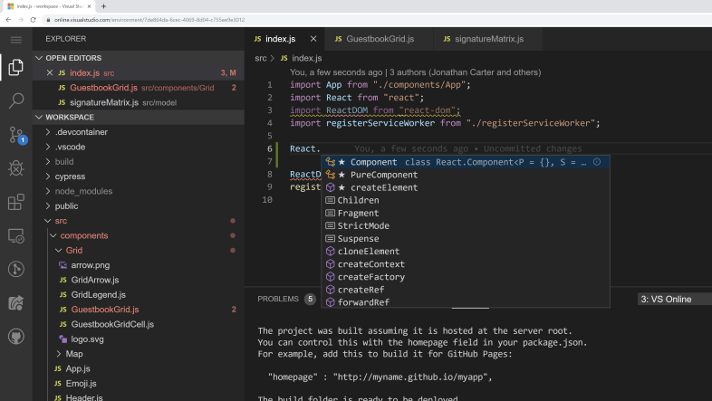screenshot of Visual Studio codespaces running in browser